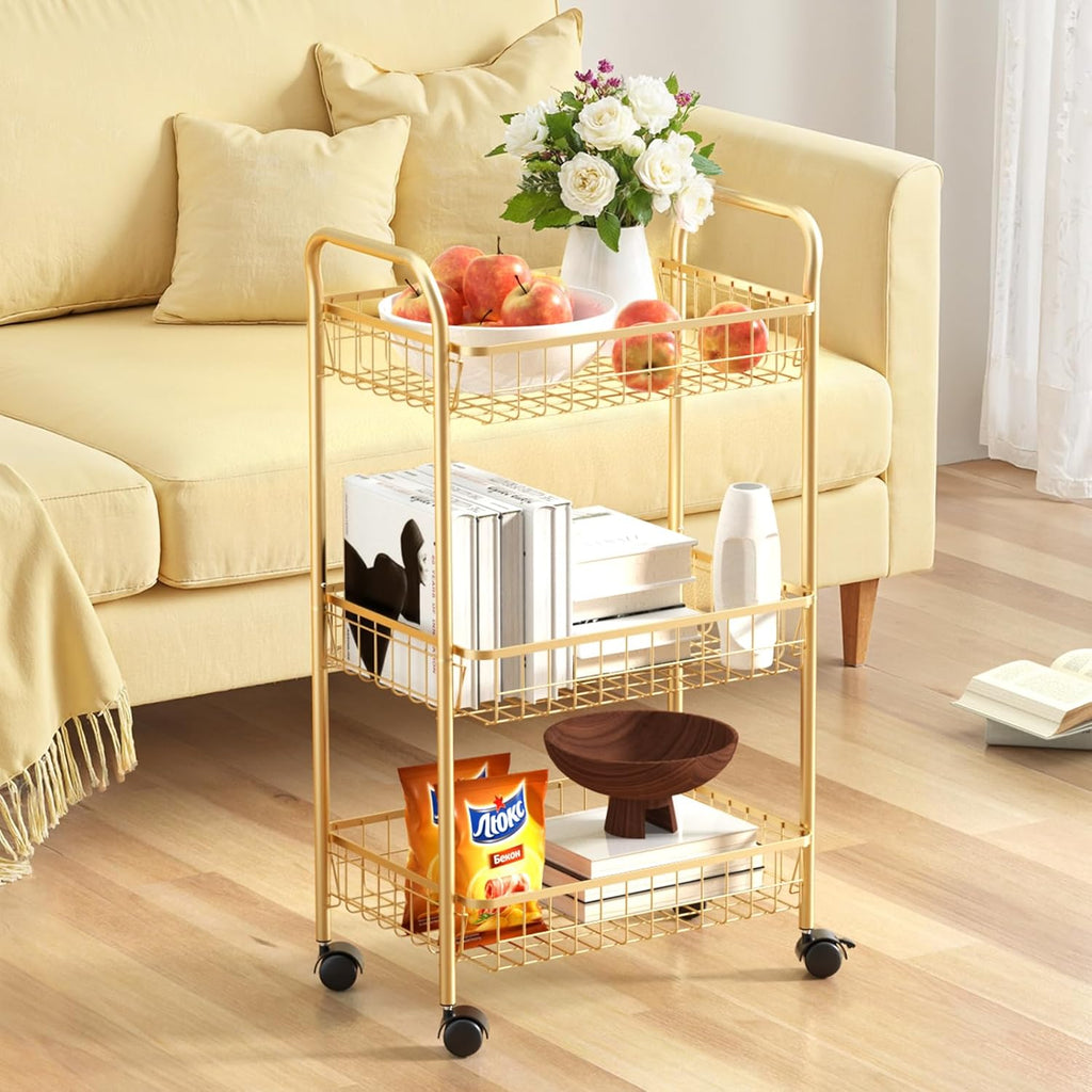 3 Tier Rolling Utility Cart, Storage Trolley Service Cart with Wheels Easy Assembly for Kitchen, Living Room, Office, Salon, Gold | Storage Trolley Service Cart with Lockable Wheels, Easy Assembly for Kitchen, Living Room, Office, Salon, Dorm