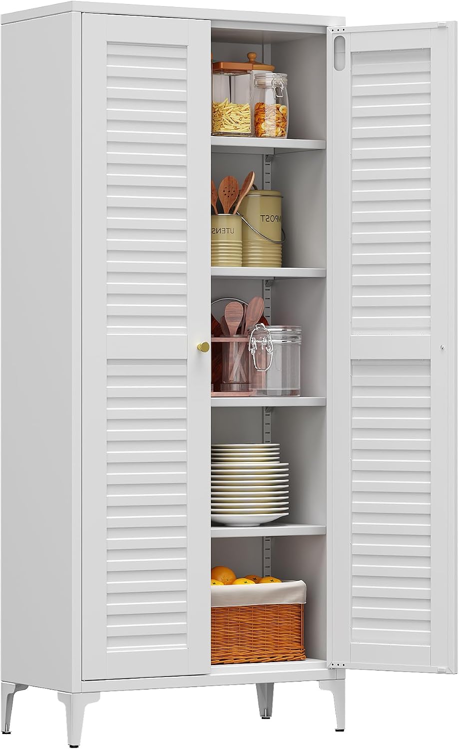 Metal Storage Cabinet with 2 Doors and 4 Adjustable Shelves, Metal Pantry Cabinet for Kitchen Living Room, Required Assembly, White,13.78" D x 27.56" W x 63.58" H