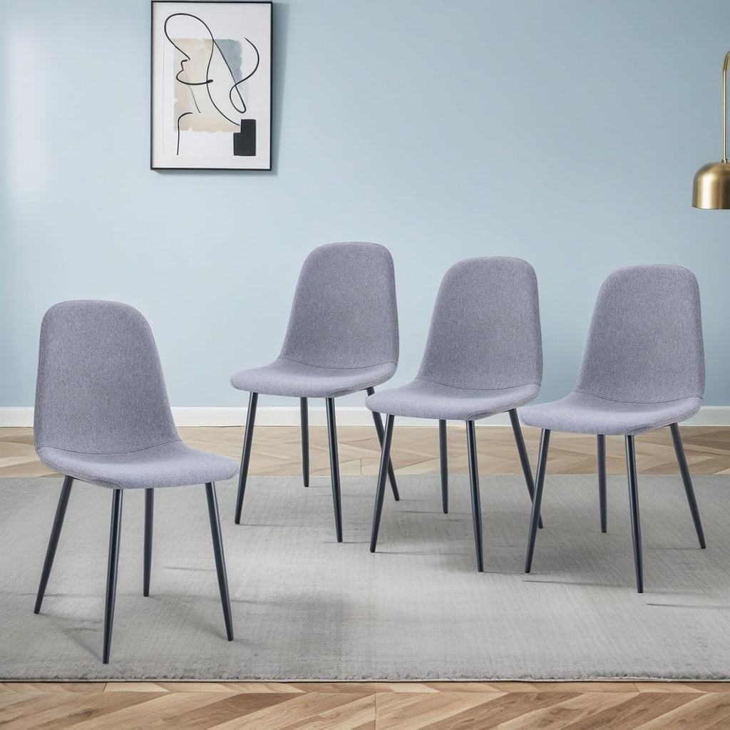 Modern Linen Dining Chairs Set of 4, Luxury Upholstered Kitchen Chairs with High Resilience Foam & Integral Black Metal Legs, Mid-Century Side Chairs for Dining Room, Vanity, Light Grey