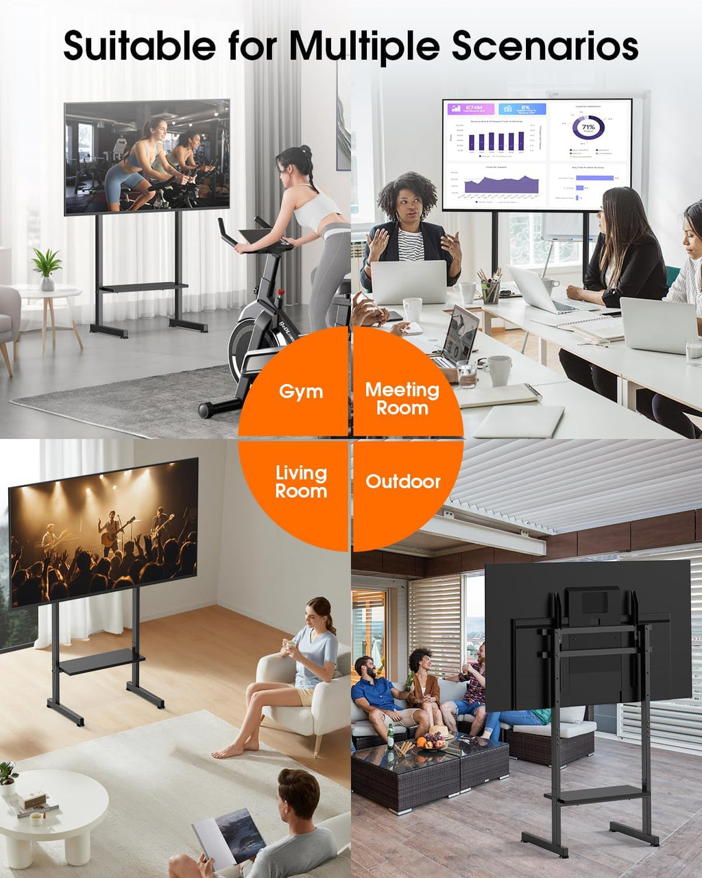 Heavy Duty Floor TV Stand for 50-100 Inch TVs, 220 lbs, Max VESA 800x600mm | Large Height Adjustable Tall Steel TV Cart with Storage Shelf for Living Rooms, Offices, Gyms, Classrooms, and Events, Black