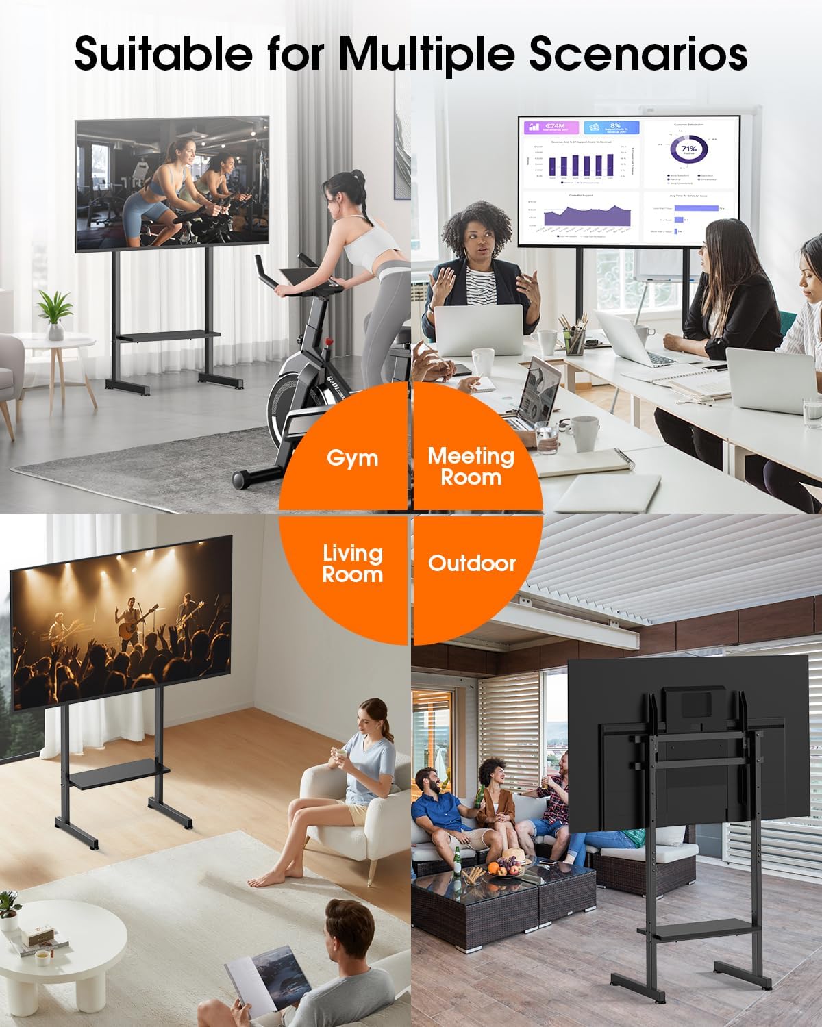 Heavy Duty Floor TV Stand for 50-100 Inch TVs, 220 lbs, Max VESA 800x600mm | Large Height Adjustable Tall Steel TV Cart with Storage Shelf for Living Rooms, Offices, Gyms, Classrooms, and Events, Black