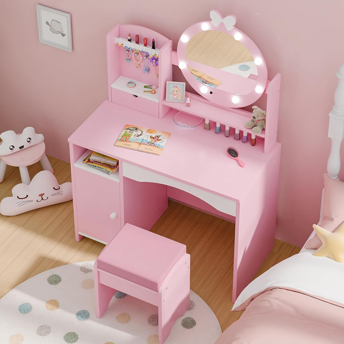 MU Kids Vanity Table and Chair Set – Princess Girls Vanity Set with Mirror, Lights, Jewelry Storage, and Cushioned Stool, Toddler Makeup Vanity for Little Girls (Pink)