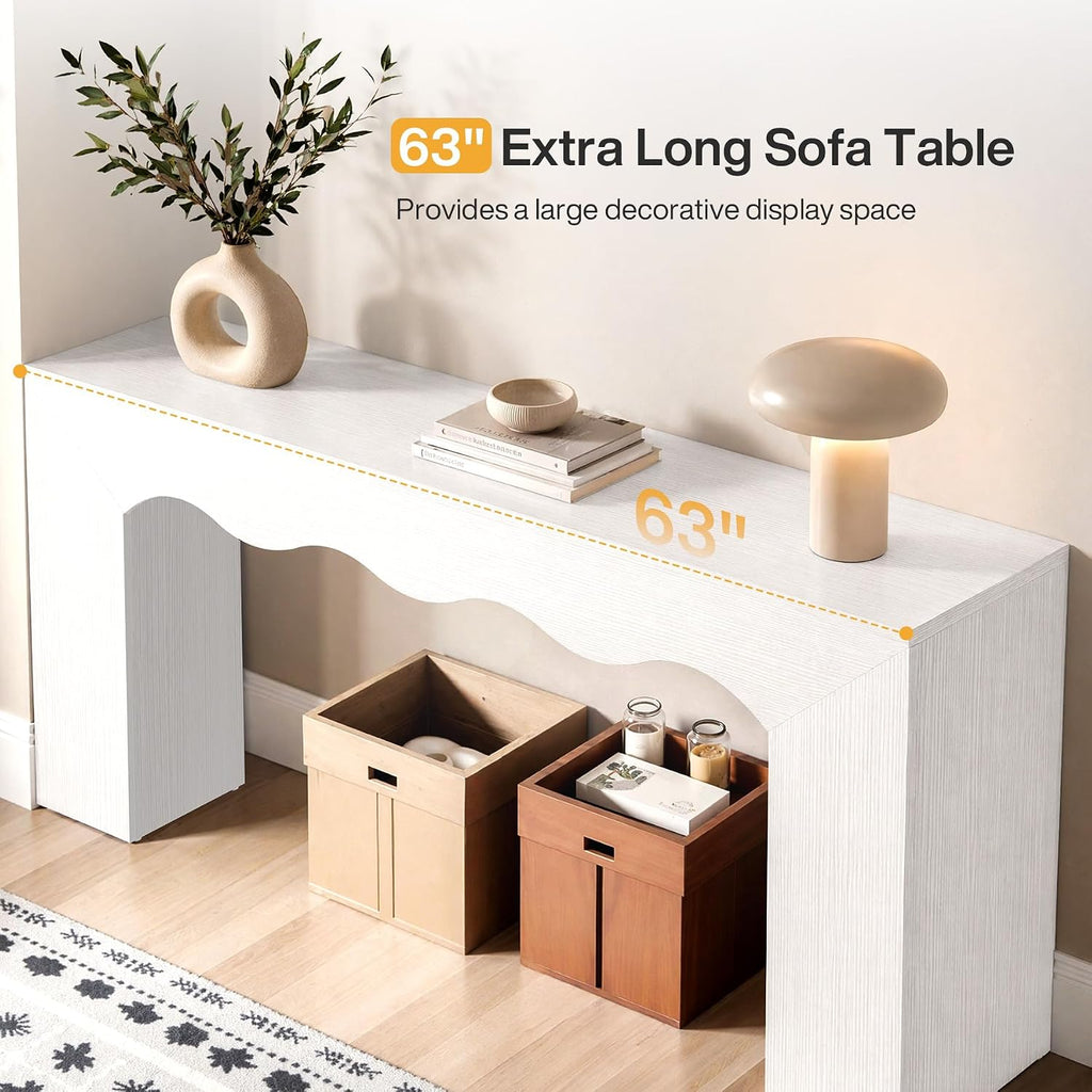 Tribesigns 63" Farmhouse Console Table with Wavy Edge | Wooden Couch Table Behind Sofa with Storage; Long Entryway Sofa Station; Narrow Hallway Stand for Entryway, Living Room