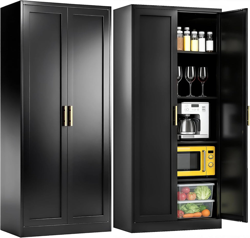 71" Tall Kitchen Pantry Cabinet, Metal Kitchen Pantry Storage Cabinet with Doors and 4 Adjustable Shelves, Freestanding Pantry Cupboard for Living, Dining Room, Black