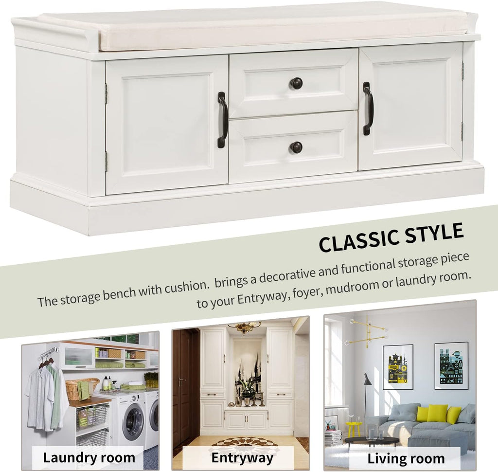 GDFStudio Jasd 42.50" Storage Bench with 2 Drawers and 2 Cabinets, Shoe Bench with Removable Cushion, Solid Wood Frame Storage Ottoman, Rectangular Cabinet Shoe Seat for Living Room Entryway, White