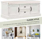 GDFStudio Jasd 42.50" Storage Bench with 2 Drawers and 2 Cabinets, Shoe Bench with Removable Cushion, Solid Wood Frame Storage Ottoman, Rectangular Cabinet Shoe Seat for Living Room Entryway, White