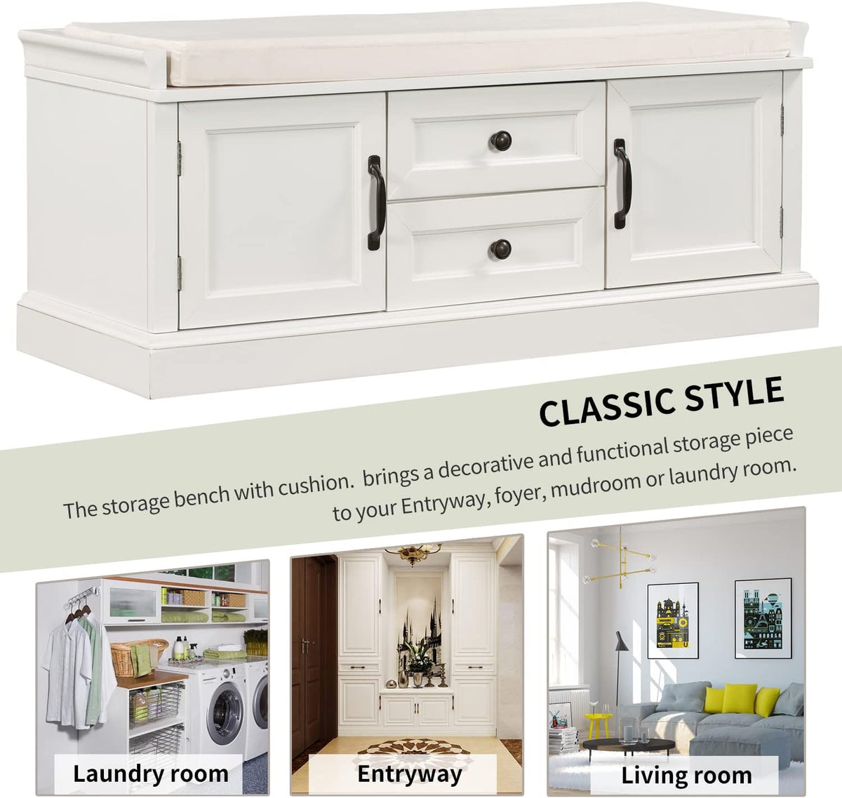 GDFStudio Jasd 42.50" Storage Bench with 2 Drawers and 2 Cabinets, Shoe Bench with Removable Cushion, Solid Wood Frame Storage Ottoman, Rectangular Cabinet Shoe Seat for Living Room Entryway, White