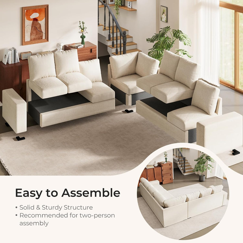 ELUCHANG 113" V-Shaped Modular Sectional Sofa Couch, Modern 7-Seat Comfy Linen Deep Seat Sofa with Corner, Removable Cover, Easy Assembly, Large Sofas & Couches for Living Room, Office, Beige