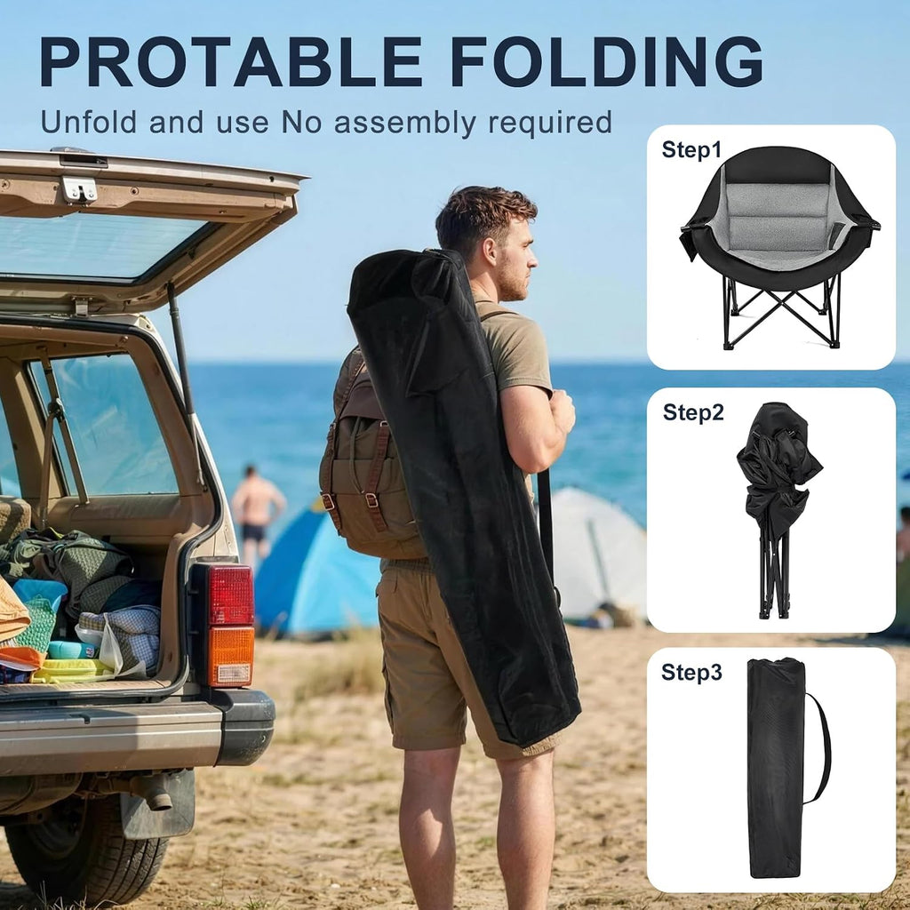 Oversized Camping Chairs for Adult - Heavy Duty Padded Portable Folding Chair XL Collapsible Camp Chair with Cup Holder Side Pocket for Outdoor Lawn Beach Sport Fishing Support 500LBS, Grey