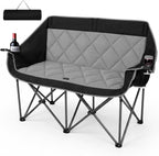 Double Camping Chair for 2 Persons, Oversized Folding Loveseat Camping Chair with Cup & Wine Holders, Heavy Duty 750LBS Support, Portable Camping Couch for Outdoor, Lawn, Beach, Black+Grey