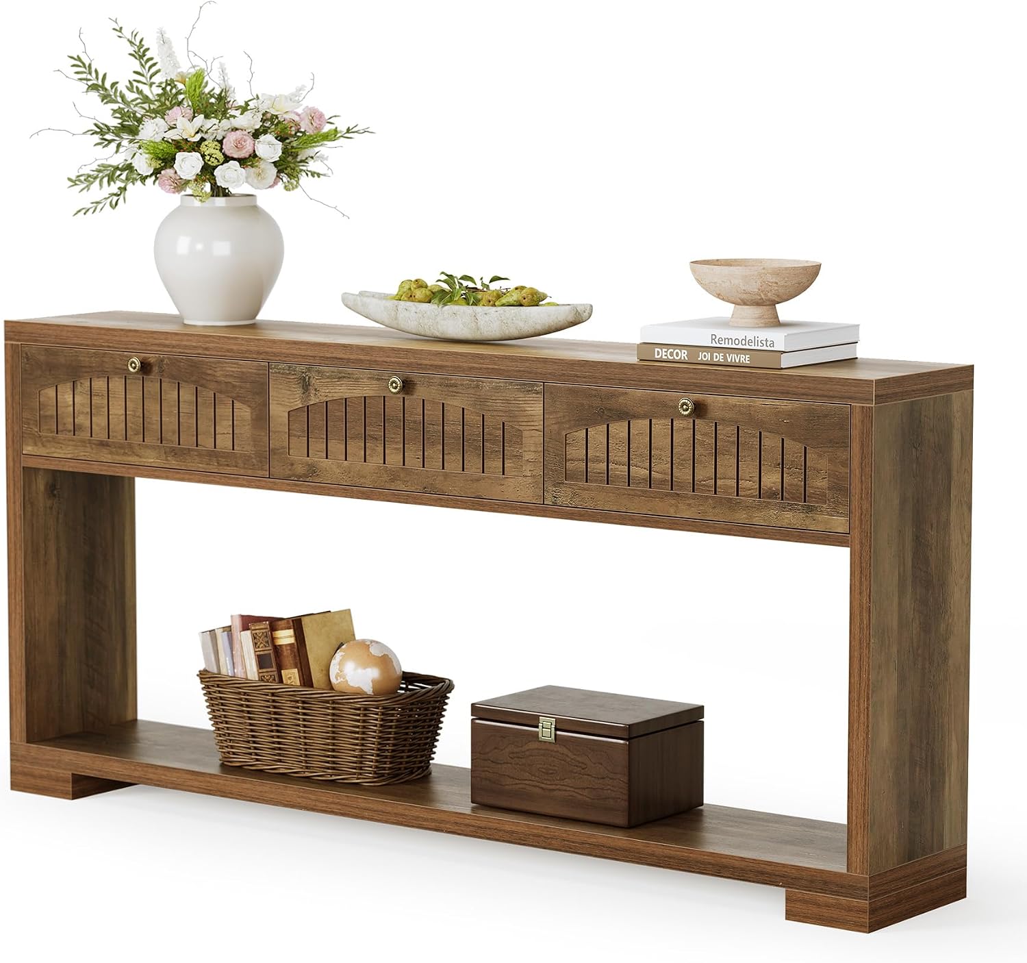 LITTLE TREE 70.8-Inch Console Entryway Table with 3 Drawers & 2-Tier Open Shelf, Farmhouse Narrow Long Sofa Table for Living Room, Entryway, Foyer, Hallway, Behind Couch, Entrance, Rustic Brown