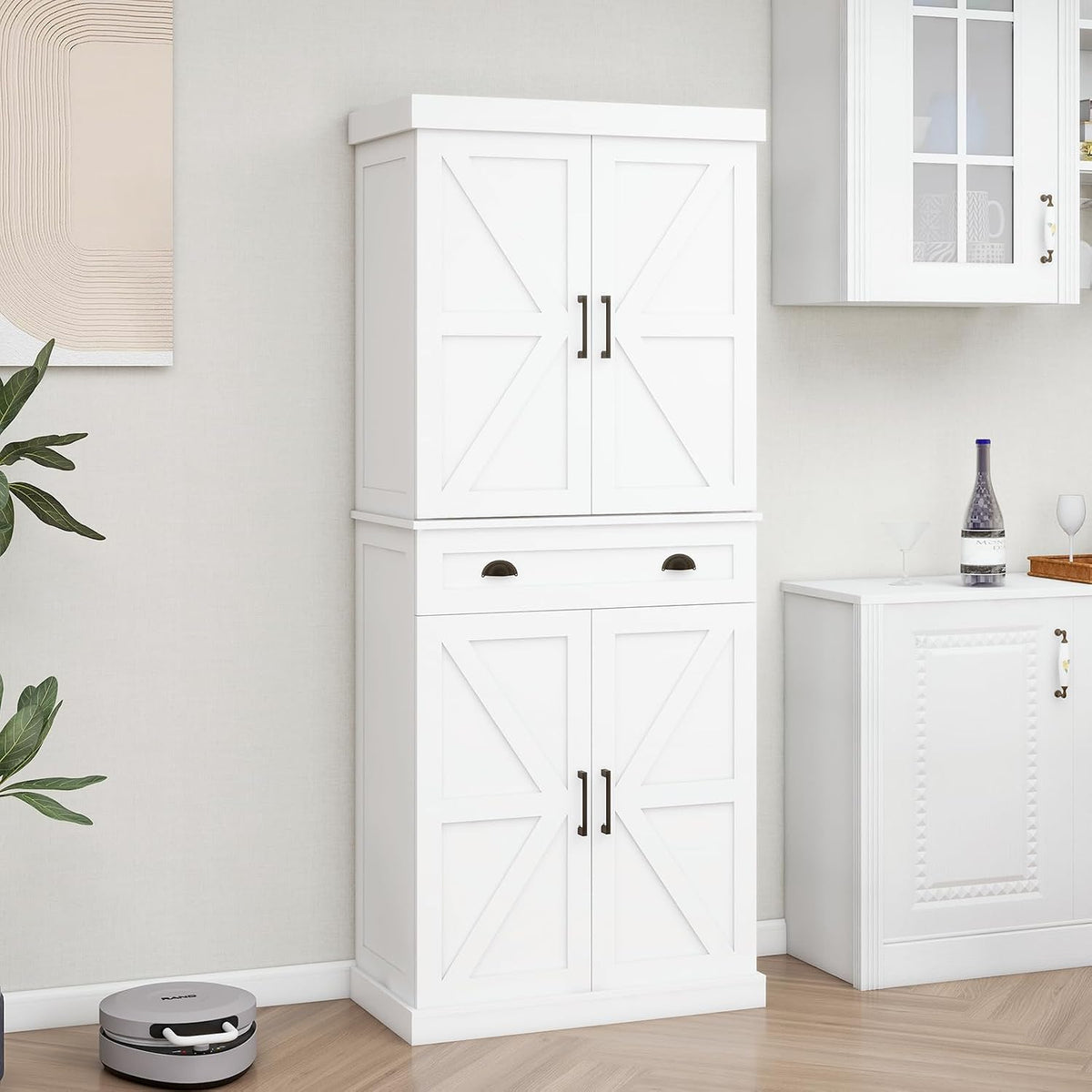 Tall Free Standing Kitchen Pantry Storage Cabinet, Wooden Farmhouse Style, Deep Organization for Kitchen