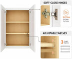 30" W x 30" H x 12" D Kitchen Wall Cabinet, White Shaker RTA Double Door Hanging Storage with Soft Close Hinges, Premium HDF & Plywood Built-in Cabinetry for Laundry Room, Bathroom & Pantry