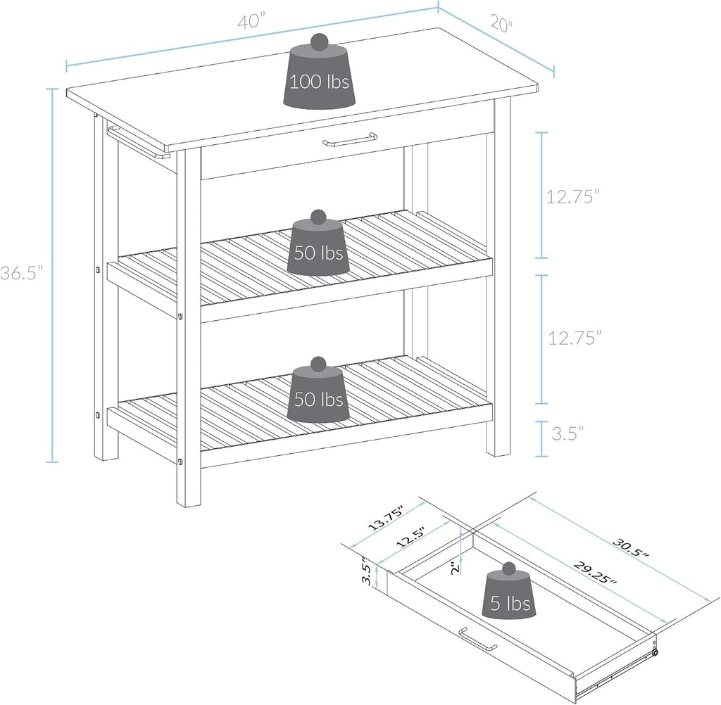 Casual Home Kitchen Island with Solid American Hardwood Top, Slate Gray, 40" W (373-932)