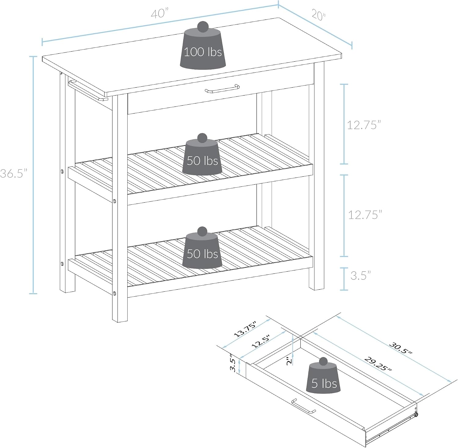 Casual Home Kitchen Island with Solid American Hardwood Top, Slate Gray, 40" W (373-932)