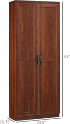 63" 2-Door Kitchen Pantry, Freestanding Storage Cabinet with 5-Tier Shelving and 2 Adjustable Shelves for Dining Room, Brown