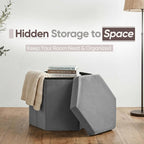 Hexagon Storage Ottoman, 15 Inch Foldable Footstool Charcoal Grey | Soft Velvet Upholstery, Hidden Storage, Compact Footrest, Small Accent Ottoman for Entryway, Living Room and Dorm