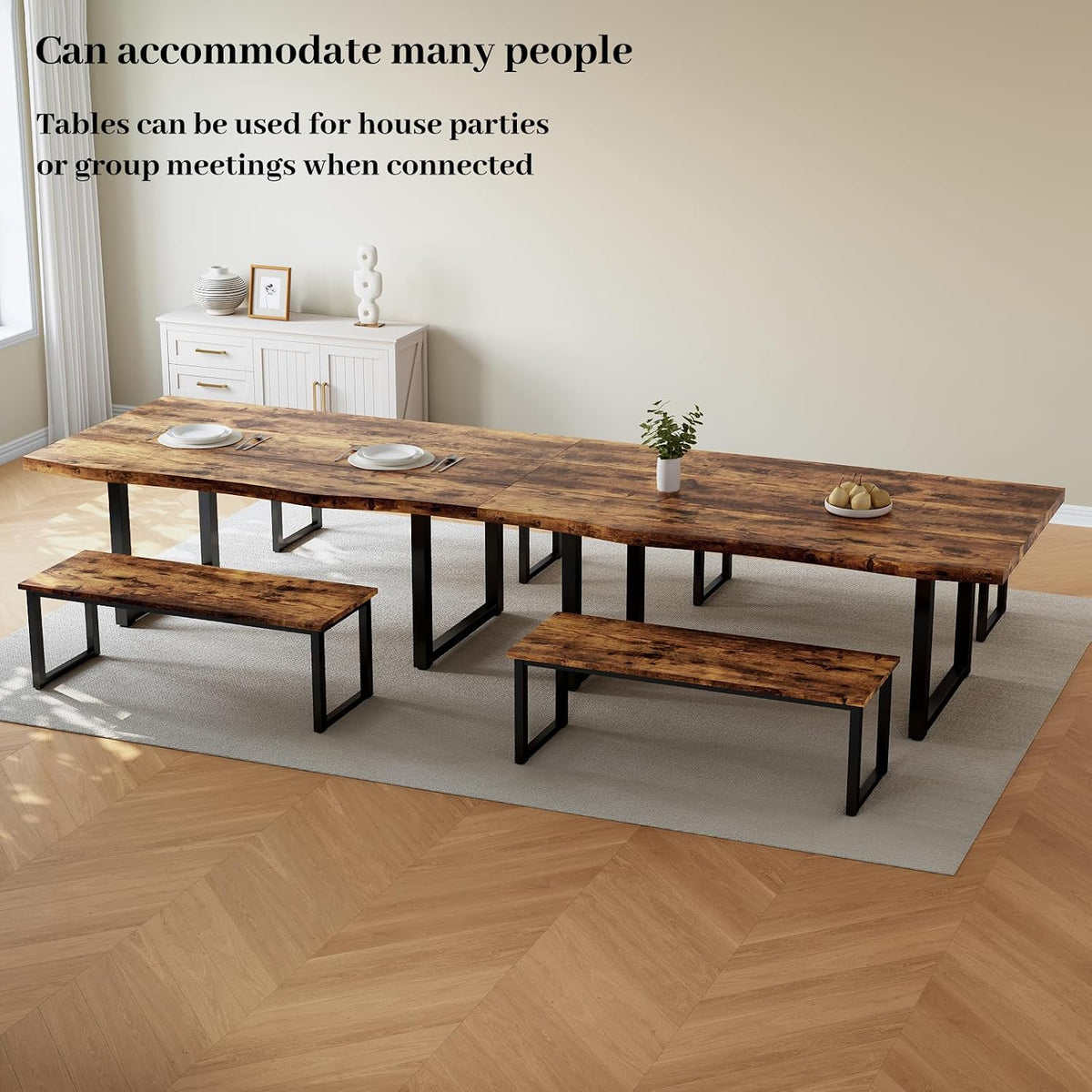 HIPIHOM 63" Dining Table with 2 Benches, Modern Kitchen Table and Chairs Set for 4, Thickened MDF Wooden Table for Kitchen, Dining Room, Office