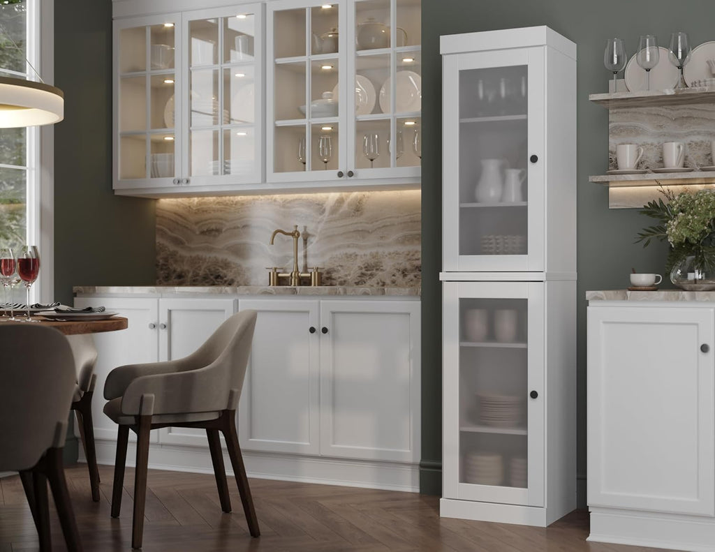 Palace Imports Solid Wood Kitchen Pantry Cabinet w/Frosted Glass Doors - Narrow Storage Cabinet - 16.5" Wide x 71.5" Tall - White, Adjustable Shelves, 100% Eco-Friendly Wood, Modular Cabinets