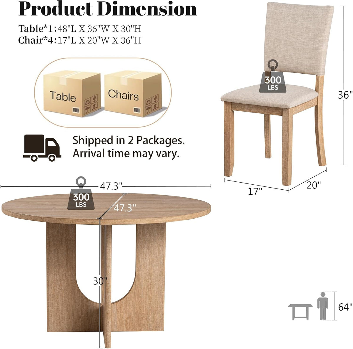 leovanni Round Dining Table Set for 4, Kitchen Table with 4 Upholstered Chairs, 5-Piece Wood Dining Table and Chairs Set for Kitchen, Patent Pending