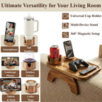 Couch Armrest Table, Acacia Wood Sofa Arm Tray with 360° Rotating Phone & Cup Holder, Clip-On Arm Rest Table for Couch, Anti-Slip Armrest Tray for Snacks & Drinks, 15.4" x 9.8"
