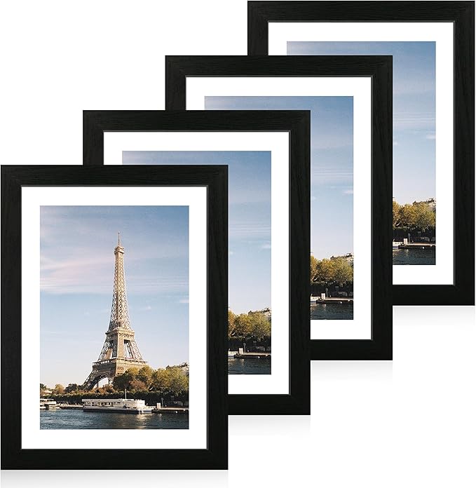 10x14 Picture Frame Set of 4 with Tempered Glass, Black Frame Display 8x12 Picture with Mat or 10 x 14 Without Mat, Rustic Wood Photo Frames for Horizontal or Vertical Wall Mounting