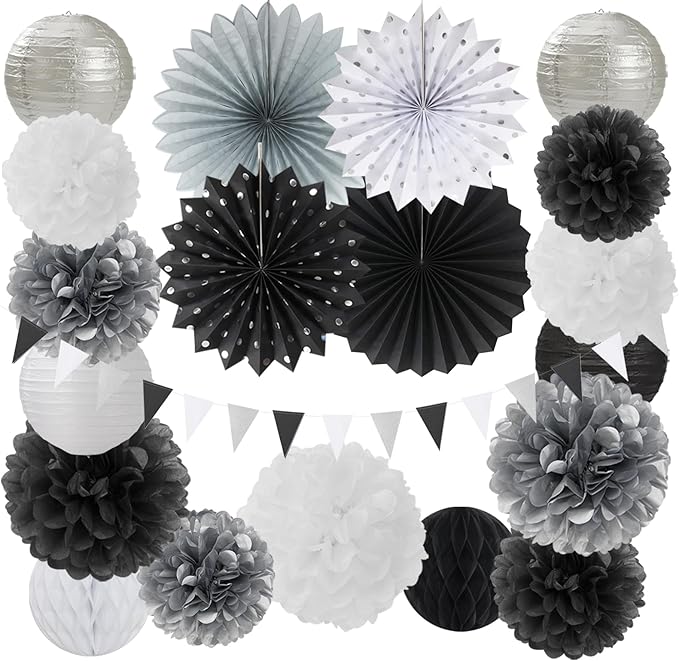 Black White Silver Party Decorations - 20pcs New Year Men Birthday Paper Lanterns Fans,Tissue Pom Poms,Honeycomb Balls,Bunting,Wedding Bachelorette Bridal Graduation Baby Decor Burgleda