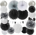 Black White Silver Party Decorations - 20pcs New Year Men Birthday Paper Lanterns Fans,Tissue Pom Poms,Honeycomb Balls,Bunting,Wedding Bachelorette Bridal Graduation Baby Decor Burgleda