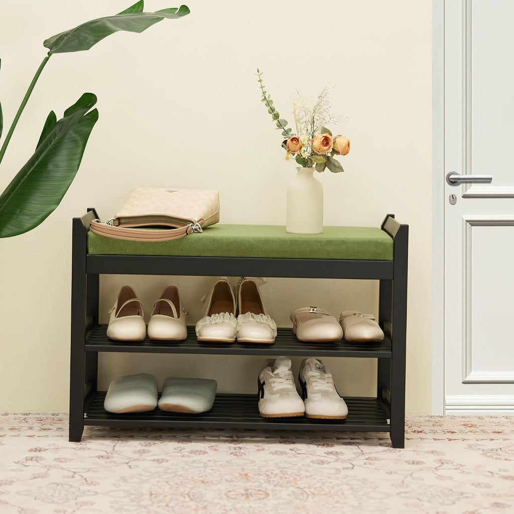 PETKABOO Shoe Rack Bench with Storage 27.6 in, Black Shoe Storage Bench with Cushion for Entryway, Hallway, Bedroom, Living Room