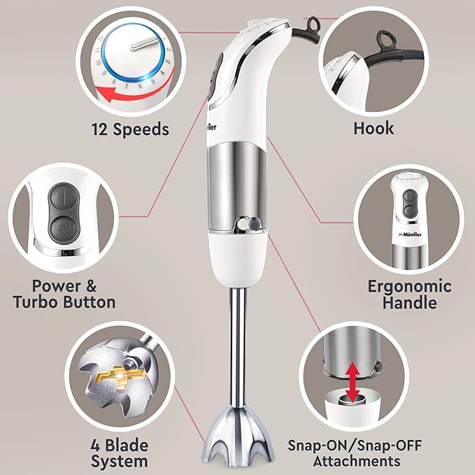 Mueller Multistick 800W 5-in-1 Immersion Blender Handheld, 12 Speed Hand Mixer - Turbo Boost, Heaviest Duty Copper Motor, Titanium Blades Blenders for Kitchen, Milk Frother Wand, Whisk, White