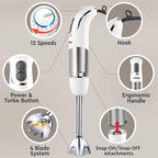 Mueller Multistick 800W 5-in-1 Immersion Blender Handheld, 12 Speed Hand Mixer - Turbo Boost, Heaviest Duty Copper Motor, Titanium Blades Blenders for Kitchen, Milk Frother Wand, Whisk, White