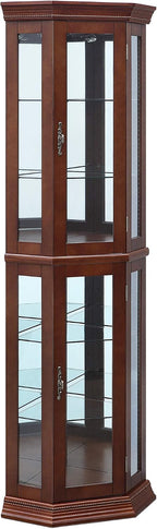 BELLEZE Lighted Wooden Corner Display Curio Cabinet, Two Section Shelving Unit with Tempered Glass Door, Bar and Liquor Storage Area with 6 Shelves - Lorona (Walnut)