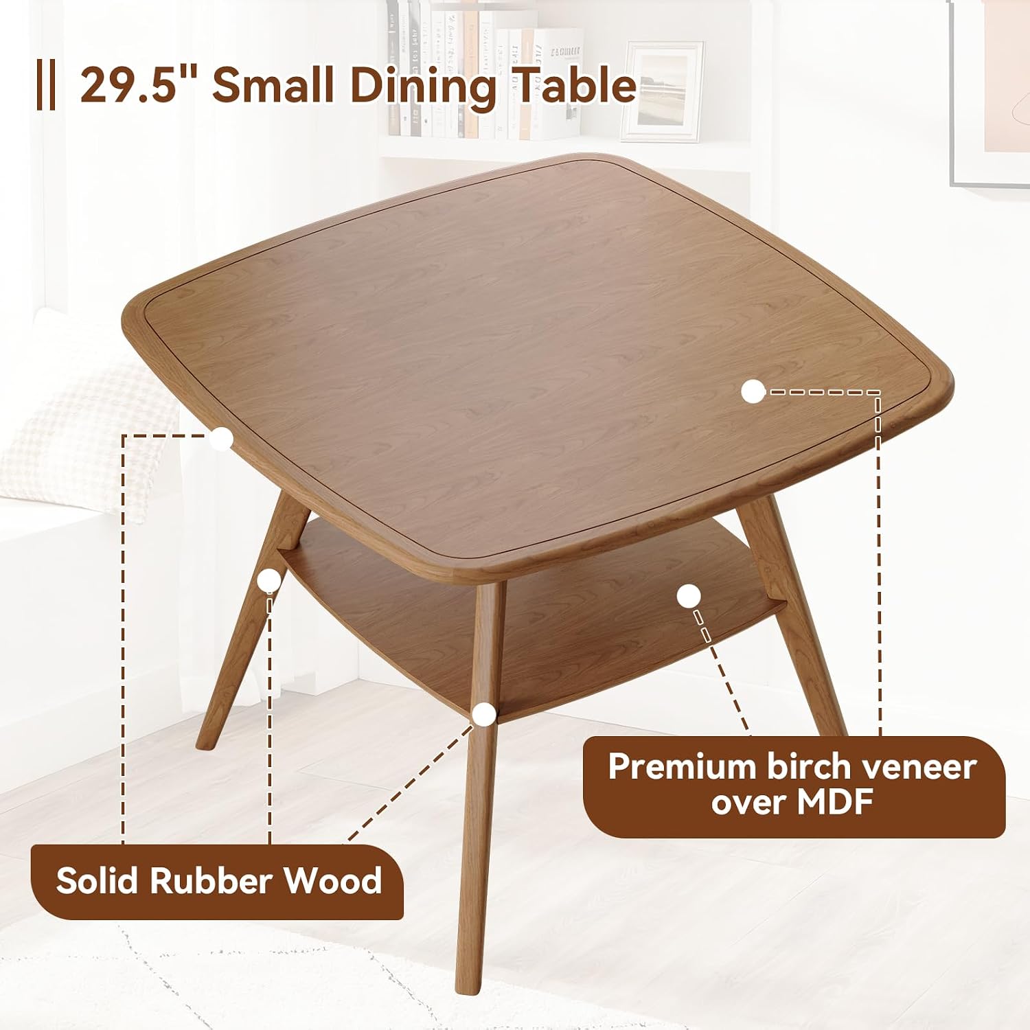 29.5" Square Dining Table for Small Spaces-Solid Wood Frame with Scratch-Resistant Veneer Top, Modern Compact Dinner Table with Storage Shelf for Kitchen, Apartment (Natural)
