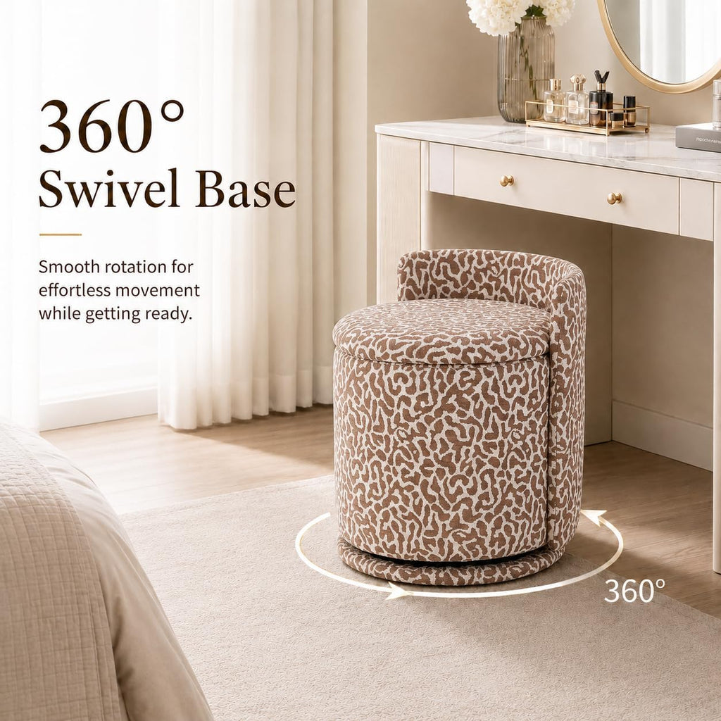 360° Swivel Makeup Chair with Storage, Leopard Upholstered Accent Stool with Back, Round Vanity Stool Ottoman for Living Room, Makeup Room, Bedroom (Leopard)