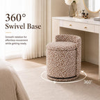 360° Swivel Makeup Chair with Storage, Leopard Upholstered Accent Stool with Back, Round Vanity Stool Ottoman for Living Room, Makeup Room, Bedroom (Leopard)
