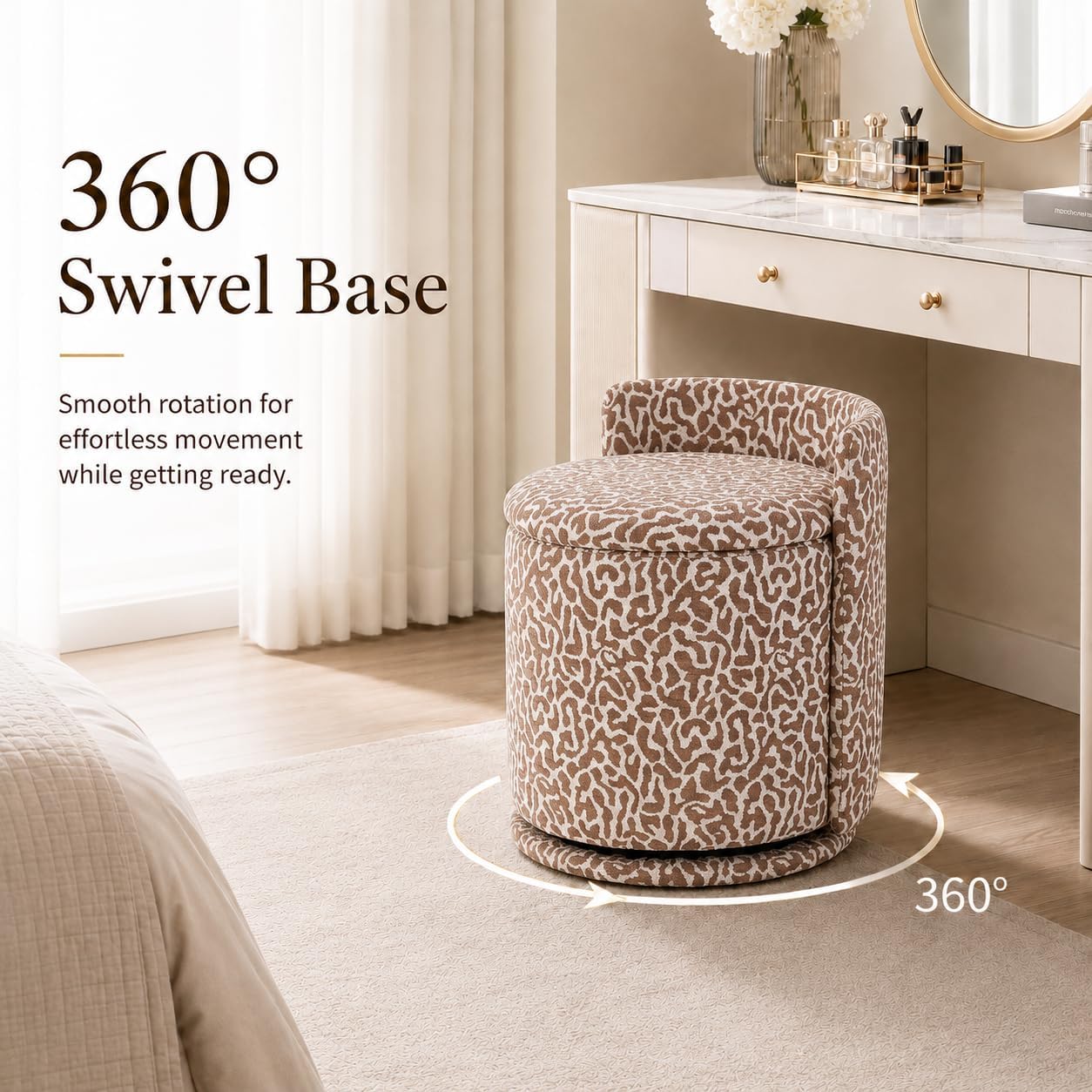 360° Swivel Makeup Chair with Storage, Leopard Upholstered Accent Stool with Back, Round Vanity Stool Ottoman for Living Room, Makeup Room, Bedroom (Leopard)