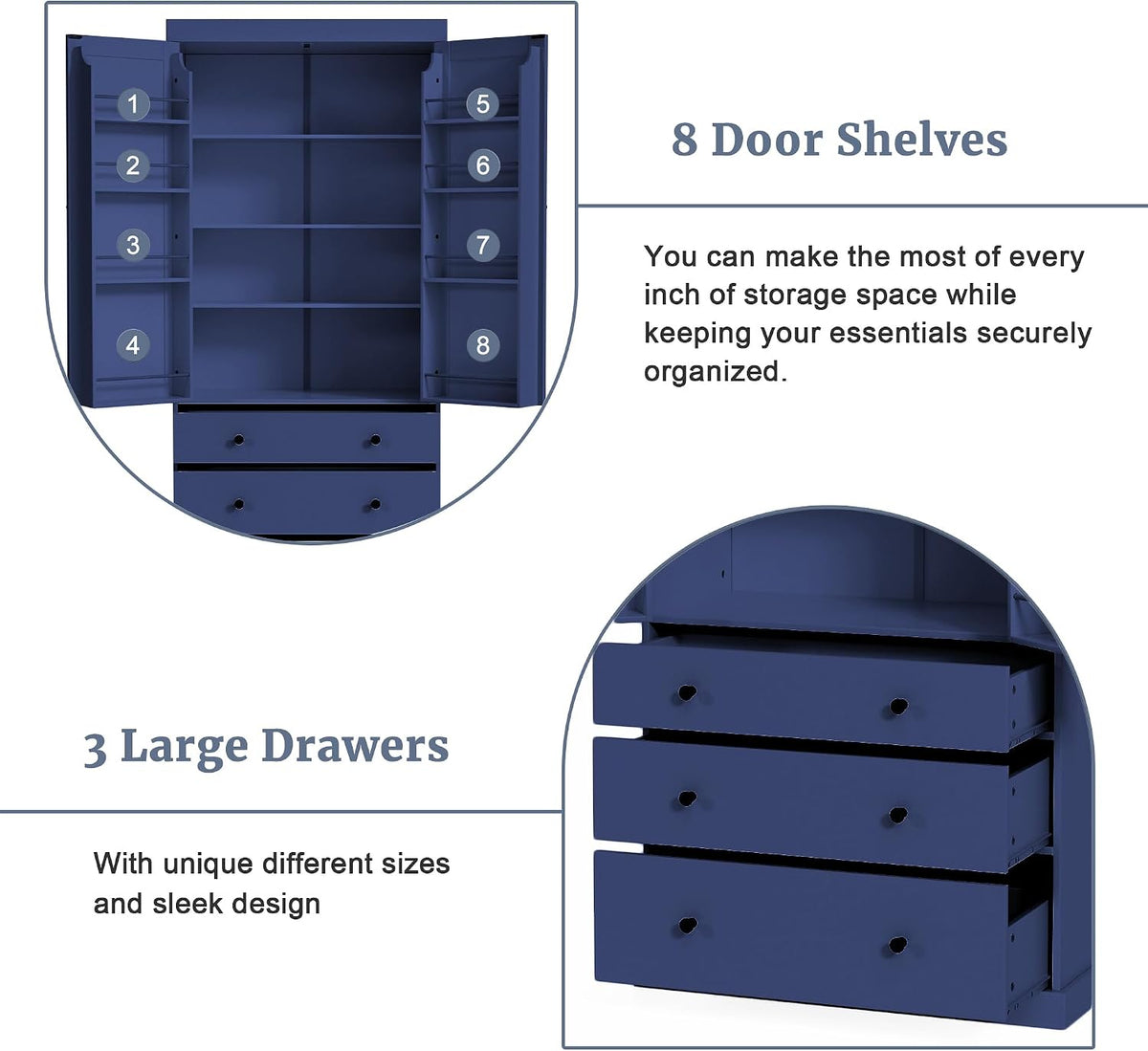 77inch Farmhouse Kitchen Pantry, Freestanding Tall Cupboard Storage Cabinet with 3 Adjustable Shelves, 8 Door Shelves, 3 Drawers for Kitchen, Dining Room, Blue