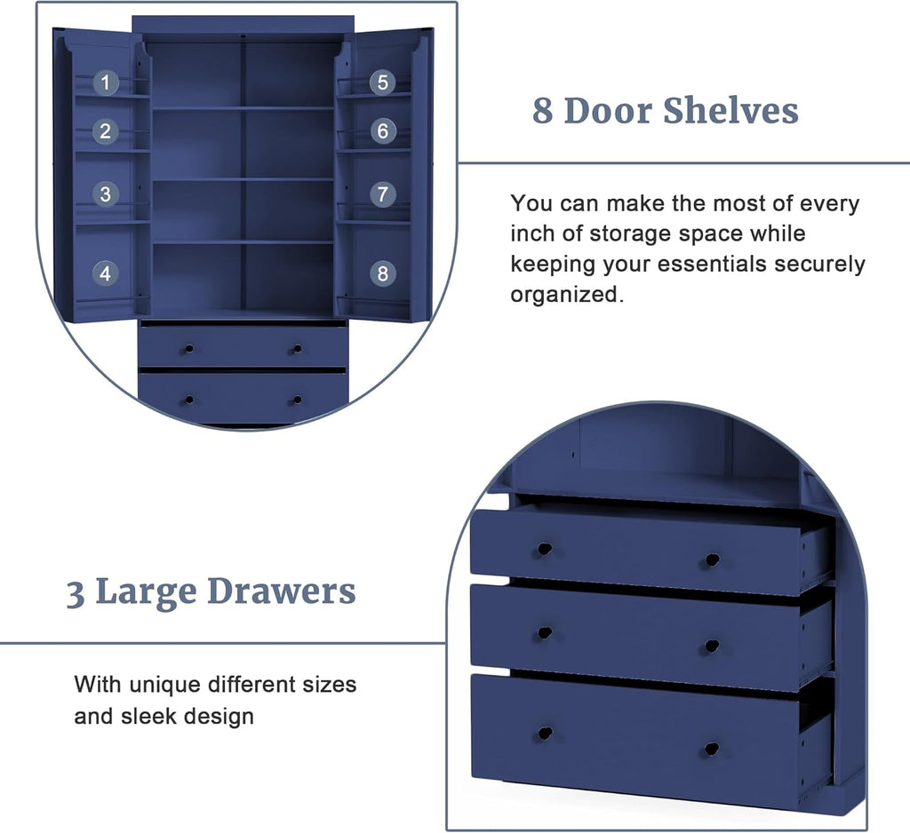 Tall Kitchen Pantry Cabinet Wood Freestanding Large Cupboard with 3 Drawers, 8 Door-Shelf and Adjustable Shelves for Dining Room (Blue)