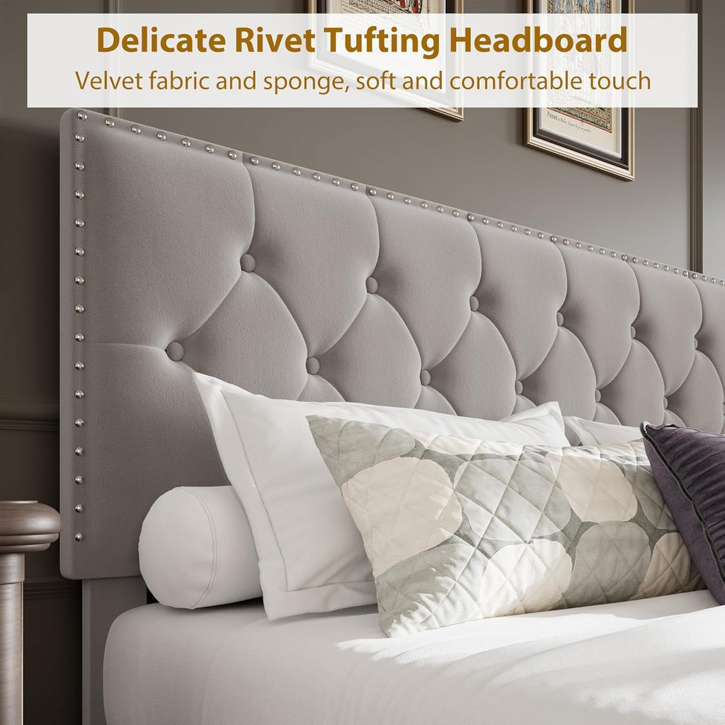 GarveeLife King Size Velvet Upholstered Bed Frame, 2 Storage Drawers with Smooth Casters, Button Tufted Rivets Headboard, Wooden Slat Support, Noise Free & No Box Spring Needed, Beige Bedroom Bed