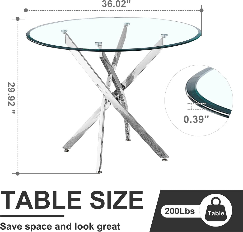 36 inch Round Glass Dining Table for 4 People,Modern Dining Room Table with Silver Stainless Steel Base,Dining Room/Apartment/Bistro Setting
