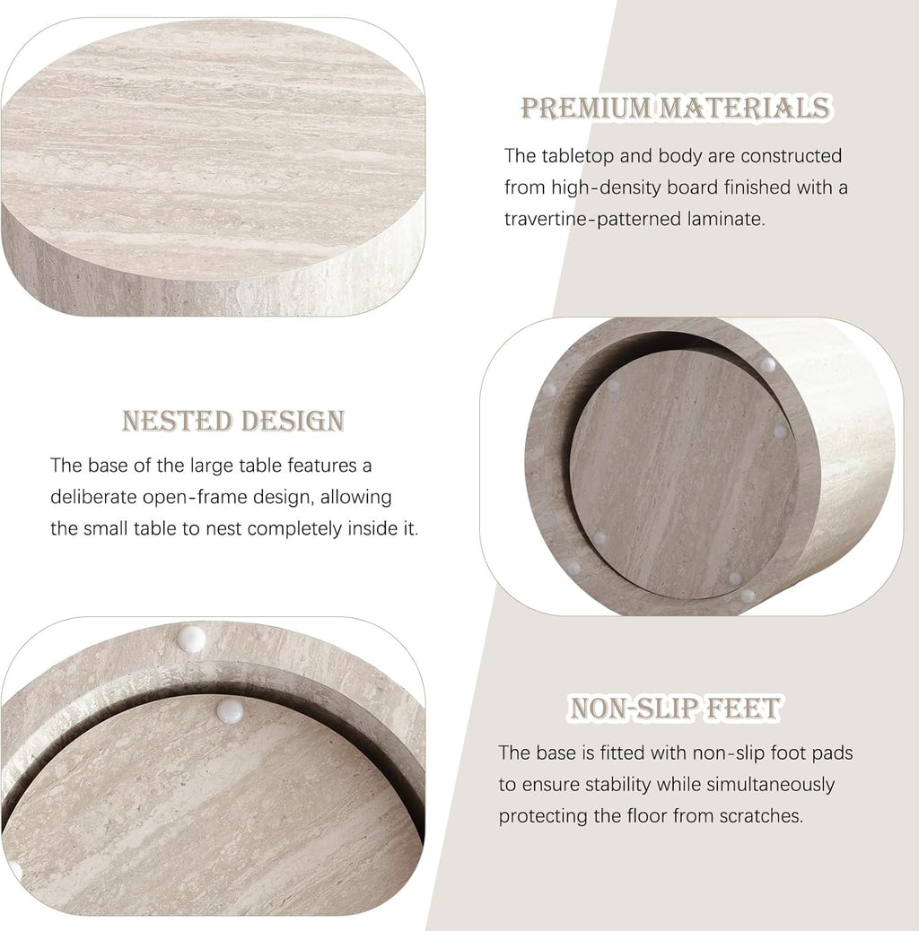 Modern Nesting Coffee Table Set of 2 Round Travertine Finish Nesting Tables Sofa Side Table Small End Table for Living Room, Small Space, No Assembly Required (Grey Travertine)