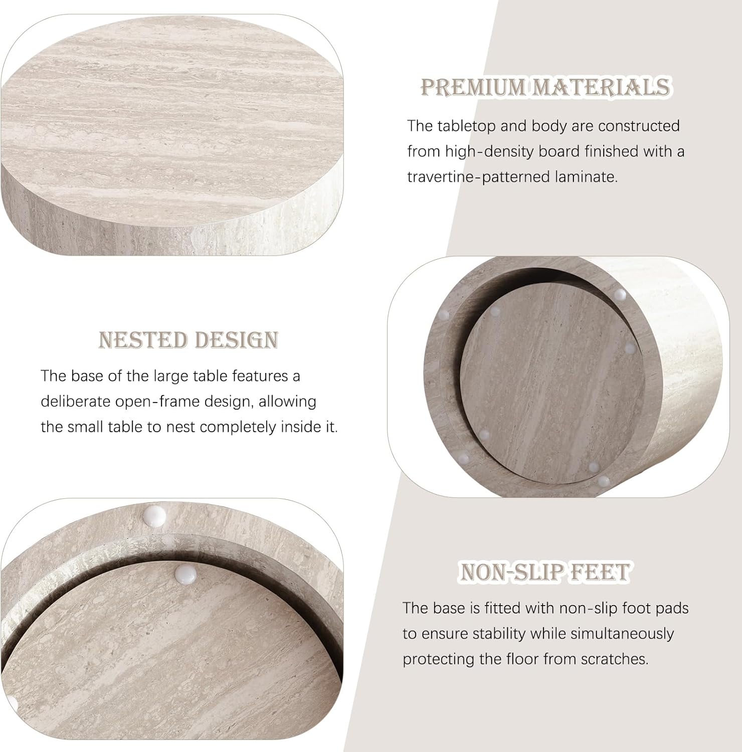 Modern Nesting Coffee Table Set of 2 Round Travertine Finish Nesting Tables Sofa Side Table Small End Table for Living Room, Small Space, No Assembly Required (Grey Travertine)