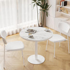31.5'' Tulip Table, Round Pedestal Dining Table with Sintered Stone Tabletop, White Aluminum Alloy Edge & Base, Bistro Table for 2-4 Person for Kitchen/Cafe/Small Spaces/Restaurant (Snow Peak Marble)