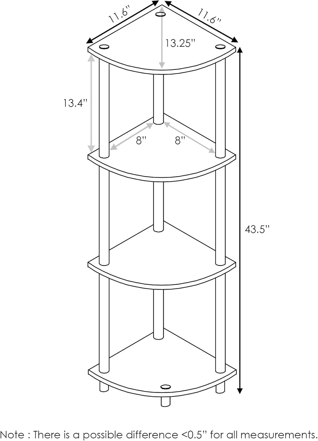 Furinno TURN-N-TUBE Corner Shelf, 4-Tier Corner Bookshelf, Display Storage Shelves with Open Shelves, for Organization and Storage, Living Room, Home Office, Garage, Espresso