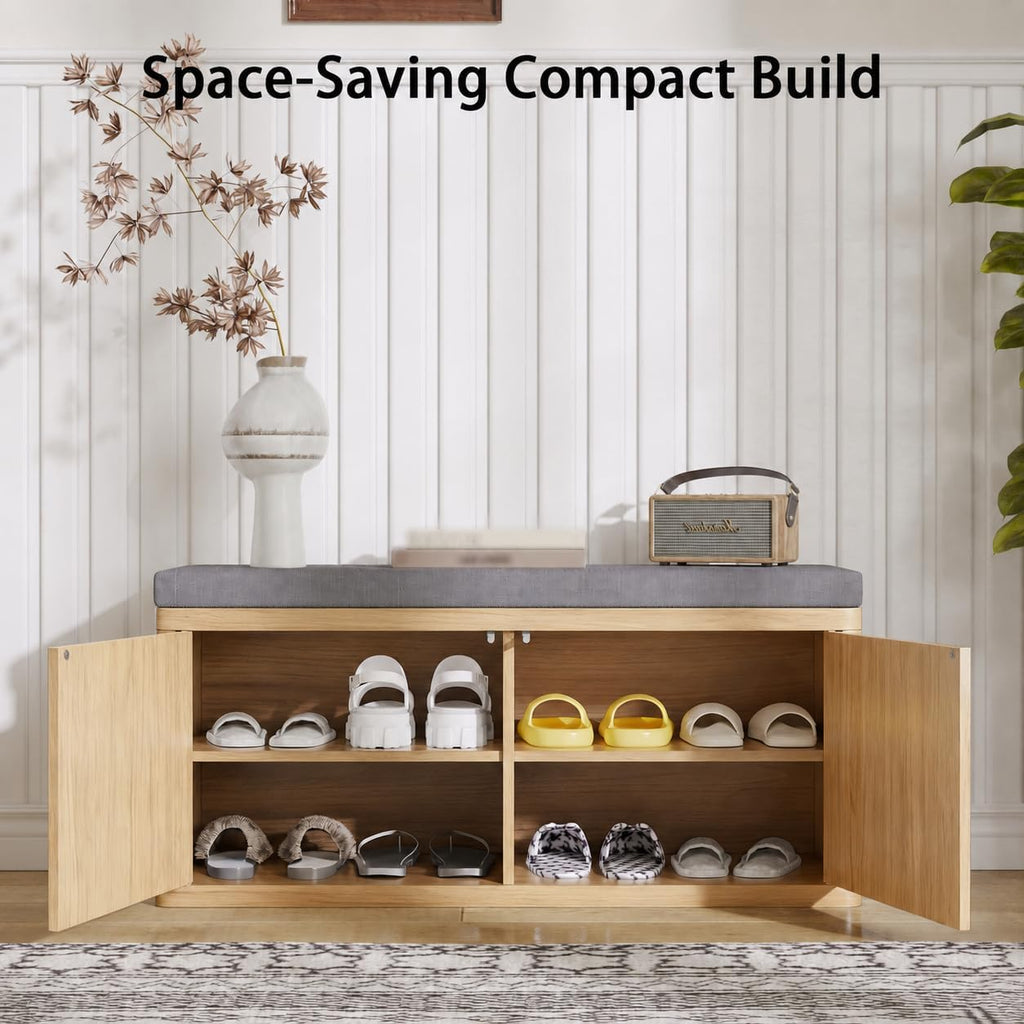 Entryway Shoe Storage Bench with 2" Cushion, 37.4" Small Bench with Shoe Rack, Cabinet Organizer for Hallway，Bedroom End of Bed (Light Oak)
