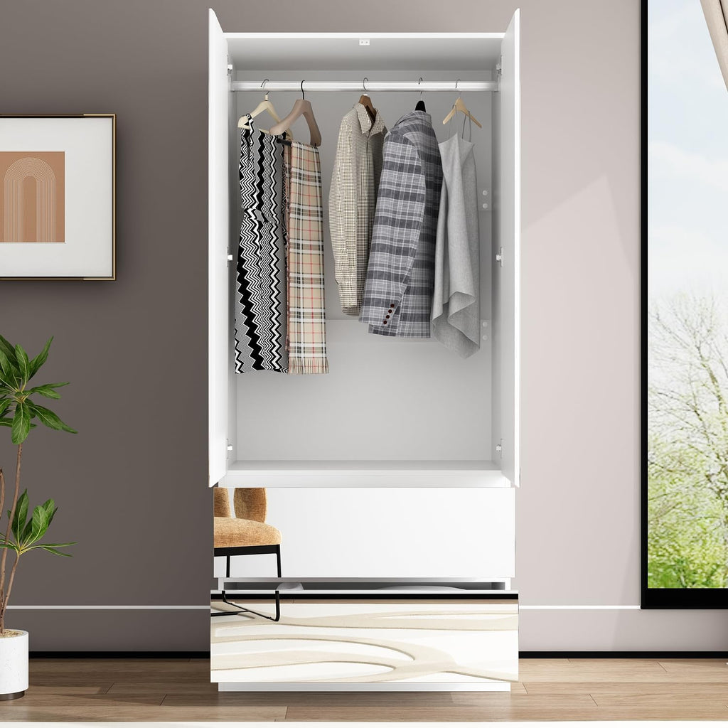 FUFU&GAGA Wardrobe with Mirror Door & Drawers, White Mirror Wardrobe Closet