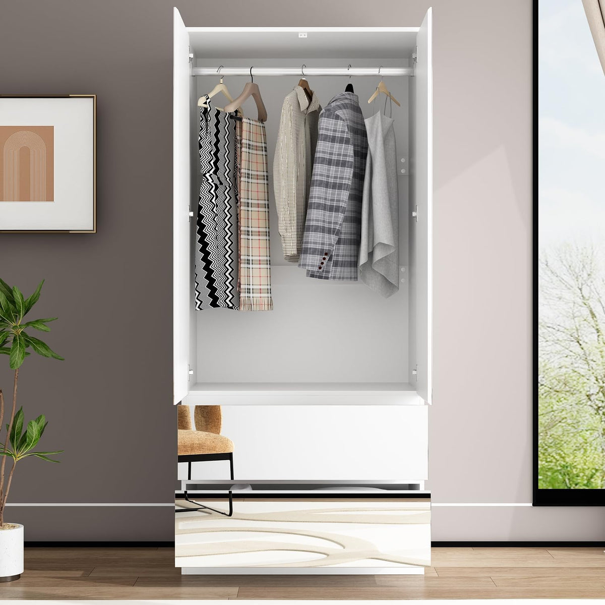 FUFU&GAGA Wardrobe with Mirror Door & Drawers, White Mirror Wardrobe Closet