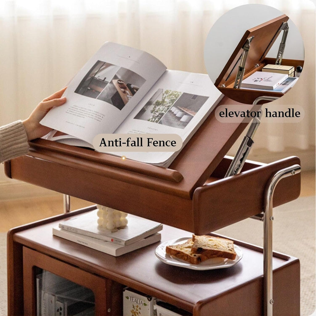 Solid Wood Storage Cabinet with Wheels, Lift Side Table with Adjustable Angled Countertop, Removable End Tables Storage Shelves for Living Room and Bedroom