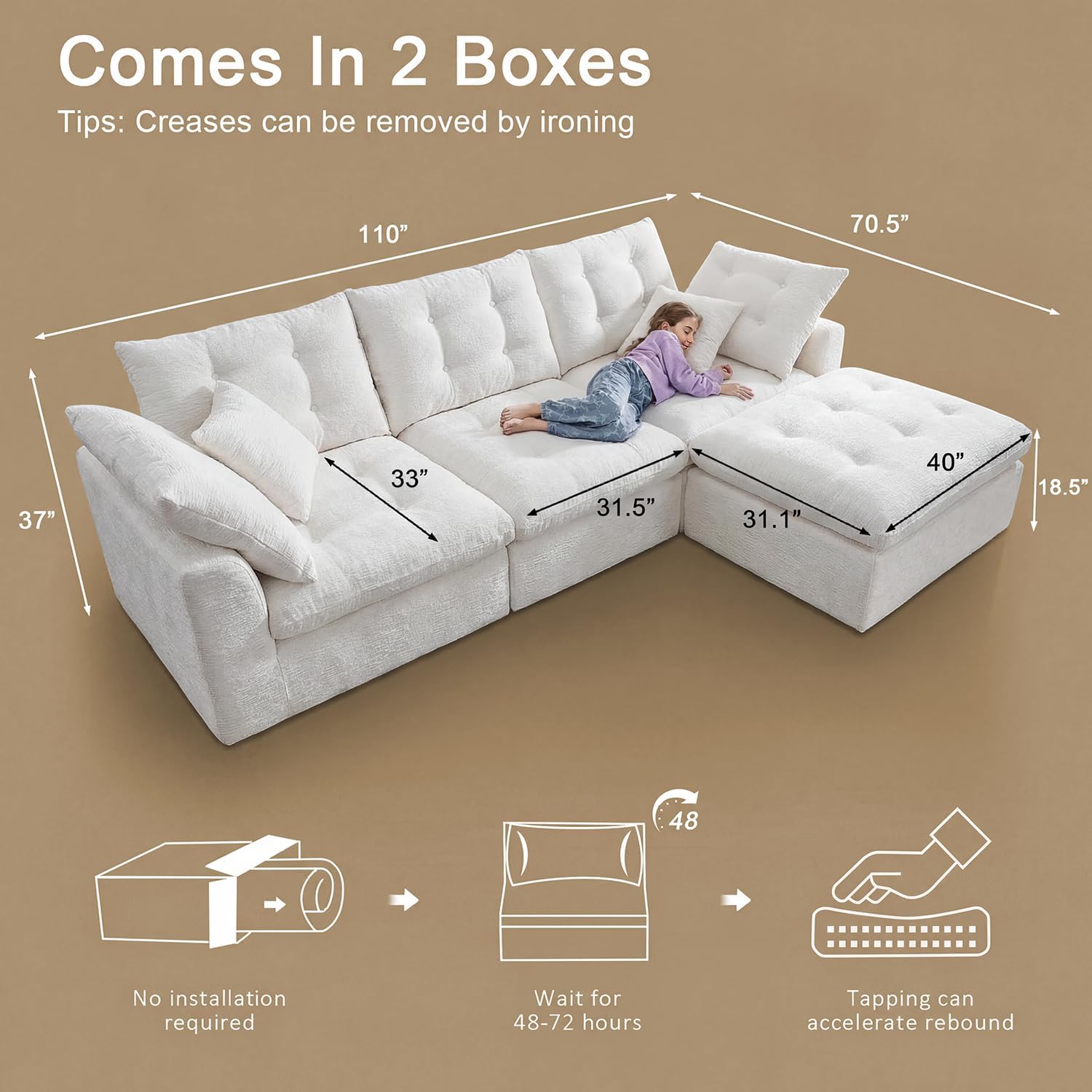 110" Oversized Cloud Sectional Couch, Modular Chenille L-Shaped Compressed Sofa with Ottoman & 3-in-1 Multi-Purpose Pillow, 3 Seater Memory Foam Couches for Living Room, Beige