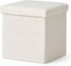Luxe Go-Poufs Faux Fur Boucle Storage Ottoman, White, 15x15x15 in | Knock-Down Assembly, No Tools Required, Folding Flat Design, Hidden Compartment, Teddy Texture